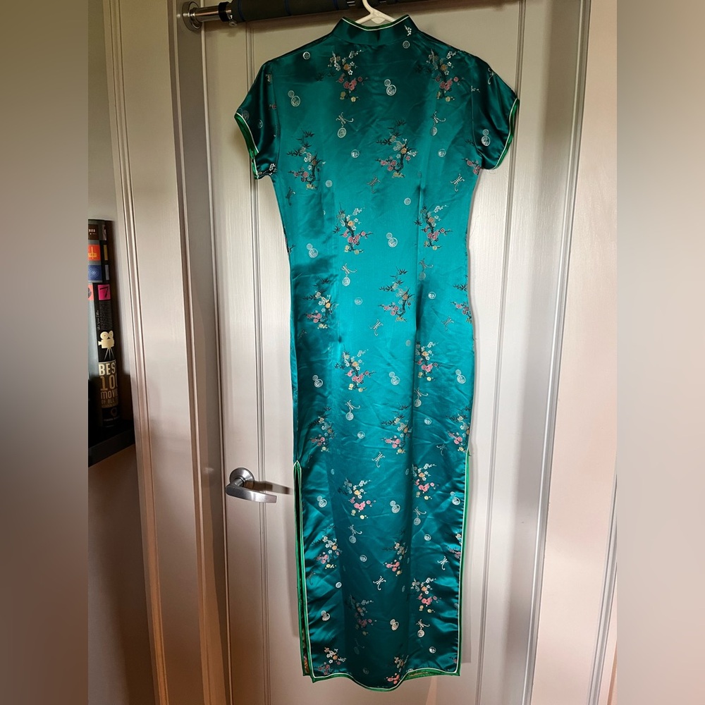 Silk cheongsam teal dress
